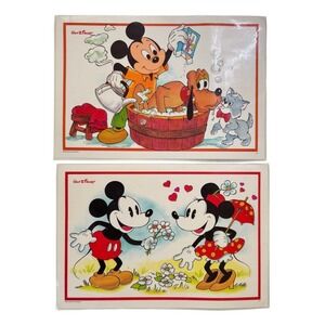 Lot of 2 Vintage Disney‎ Plastic Coated 17" X 12" Mickey Minnie Placemats 1980's